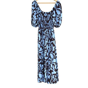 La Ligne New York Pyper Dress Smocked Silk Light Blue Brown Size Large